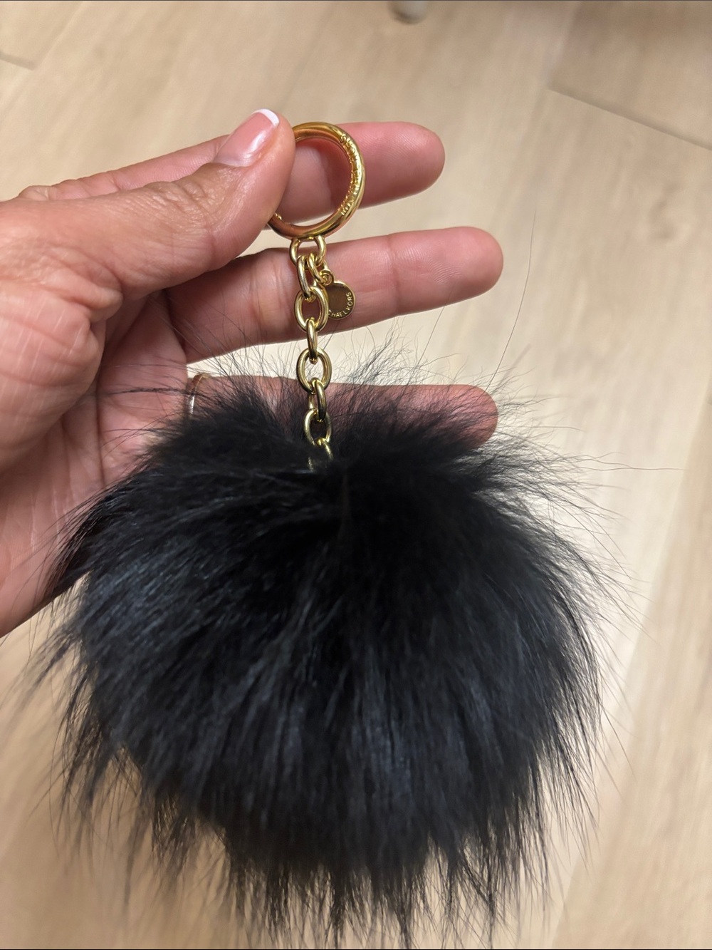 Michael Kors Gold-Accent Black Fur Pom Pom Keychain